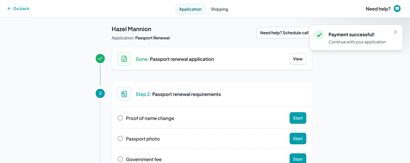 HelloGov application dashboard showing a passport renewal in progress
